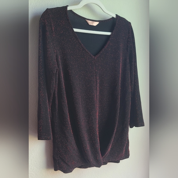 Amana - Women’s Black Red Sparkly 3/4 Sleeve Top, Sz L - Picture 4 of 6